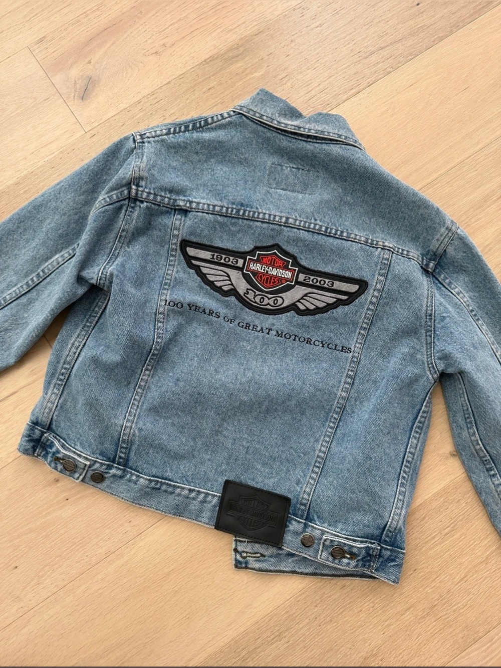 Vintage y2k Harley Davidson Jean Jacket Women’s Sz Sm Denim 100 yr anniv Logo